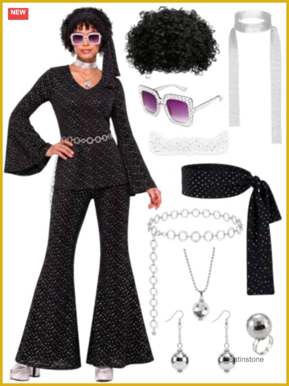 70s Disco Costume Set Bell Sleeve Top Flare Pants Retro Halloween